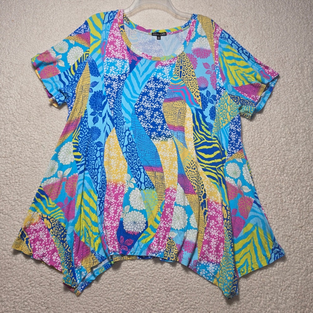 RXB Woman 2X Tunic Top Patchwork Animal Floral Print Sharkbite Hem Multi-Color